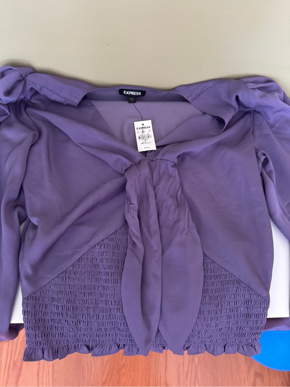 Express Purple Tie-Front Smocked Blouse